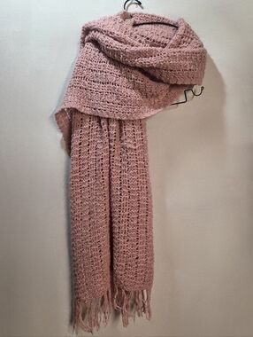 Large Open Knit Blanket Scarf Pink Dusty Rose With Tassles ~99"x35"
